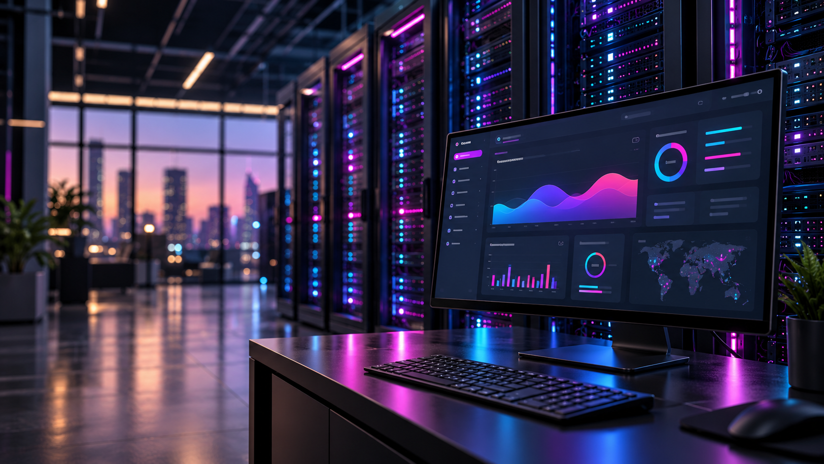 Colorful web hosting dashboard and server racks