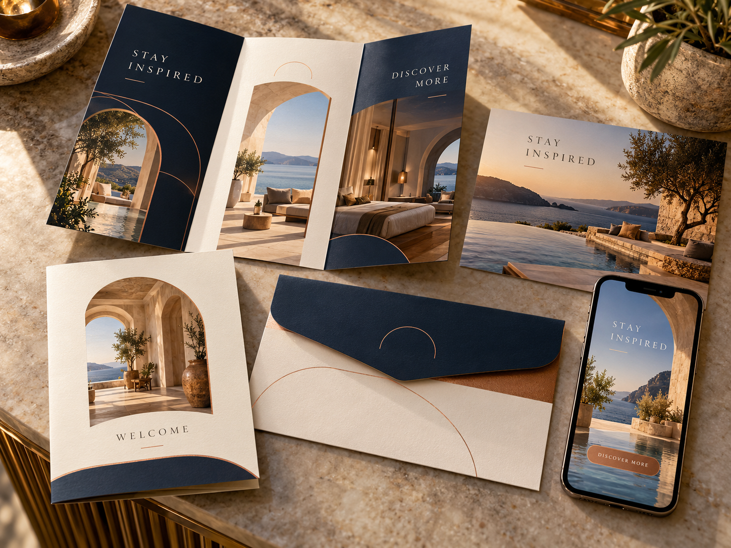 Luxury hospitality integrated marketing collateral mockup