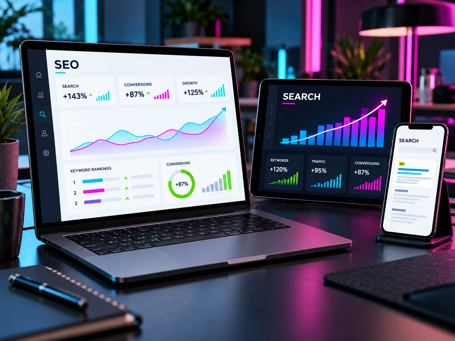 SEO analytics and digital search advertising mockup